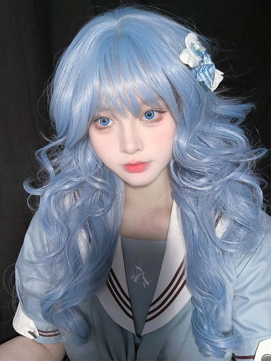 With Air Wig 70CM Length Bangs Wavy Blue