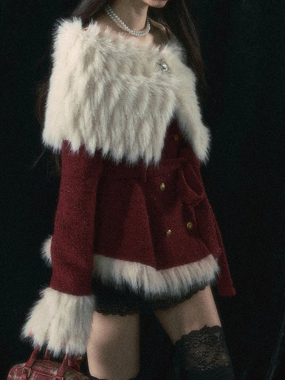 ChristmasRed/White Elegant Off-the-shoulder Neckline Coat Detachable Plush Shawl