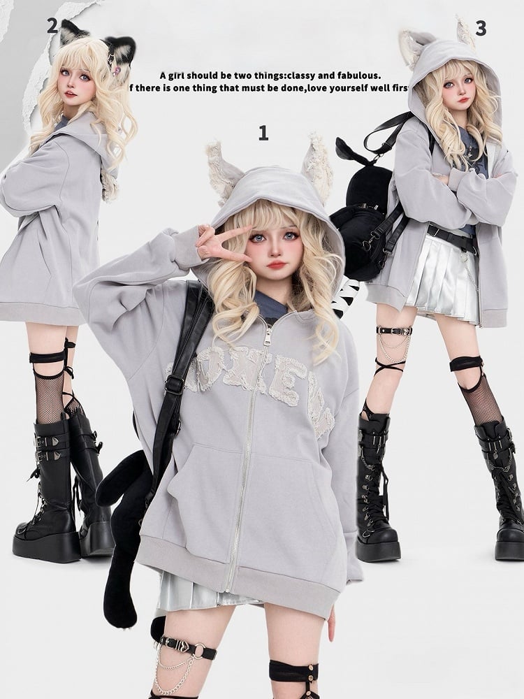 Leichter Hoodie Welpe Buchstaben Fleece und Ohren Grau Druck Applikation mit