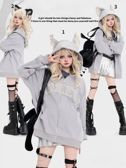 Leichter Hoodie Welpe Buchstaben Fleece und Ohren Grau Druck Applikation mit