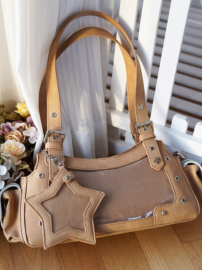 Star Brown Y2K Charm PU Bag With Light Shoulder Ita