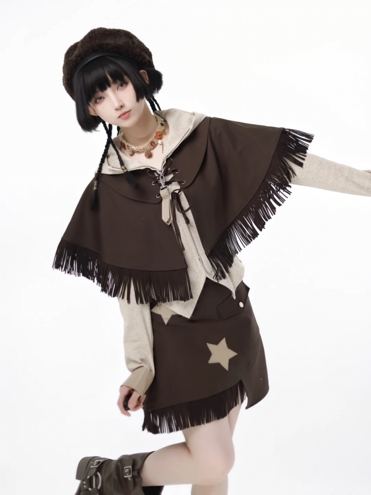 Brown Tassel Hemline Lace-up Closure Cape