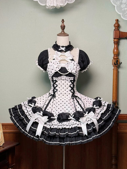 Akzente Schwarz Polka Dots Kleid Old School Schleife Weiß Lolita Neck Halter mit