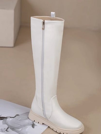Verschluss: Weiße kniehohe Stiefel mit Reißverschluss, normale/dicke PU-Version, Lederinnenseite mit -