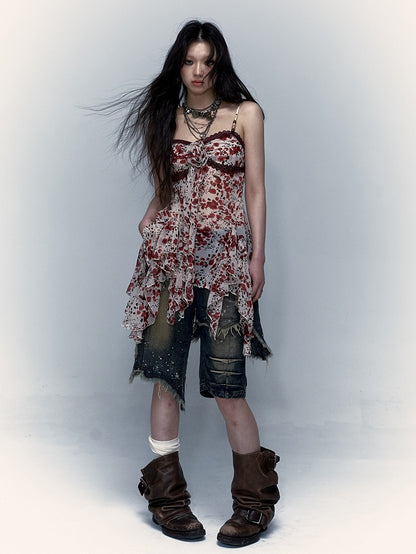 Handkerchief Floral Hem Slip and Lace Red Trim Dress Punk Y2K Print with