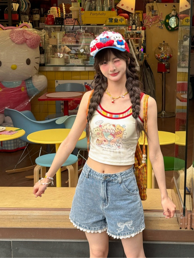Blue Bowknot Embroidery Cuff Lace Trim Denim Shorts