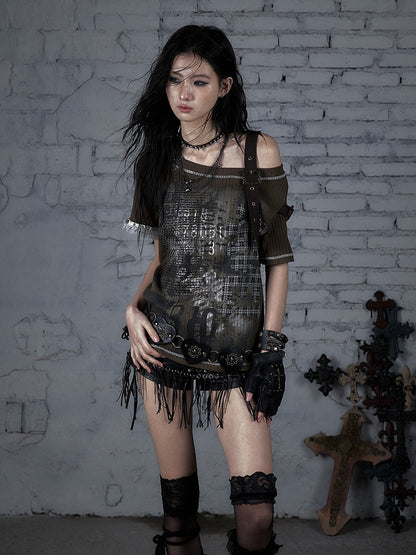 Green Military Steampunk Newspaper Straps Buckle Print Knit with T-shirt