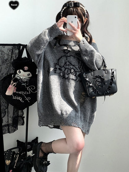 Jirai Kei Grey Angel Puppy Graphic Distressed Holes Landmine Loose Sweater