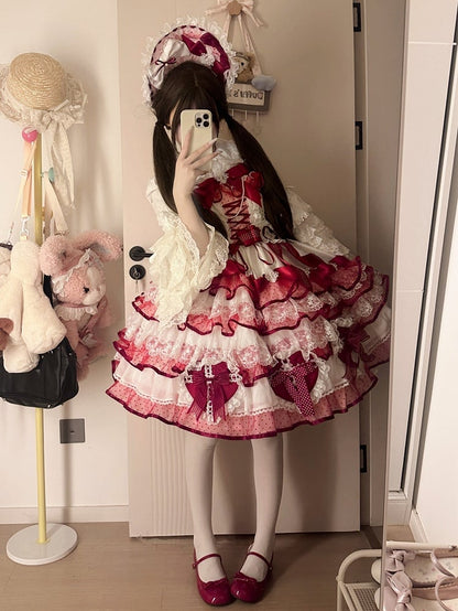 Dress Lolita Heart-shaped Layered Hanayome White and Princess Bows Skirt Jumper Red Decoration