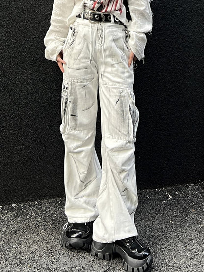 Vintage White Splatter Tie-Dye Loose Fit Cargo Jeans with Drawstring Waist