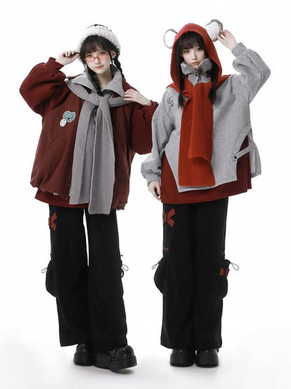 Wine Red High Neck Koala Applique Bubble Hem Striped Coat