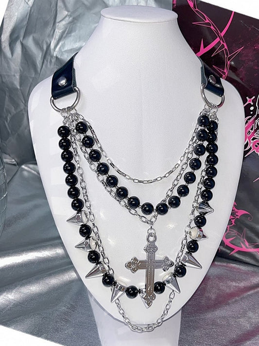 Studs Black Beaded Necklace Silver Pendant Decorated And Cross