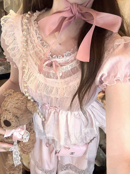 Lace Trim Hem With Peplum Top Puff Pink Sleeves