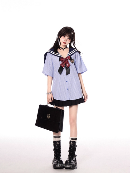 Style Pleated Skirt Double Heart Buckles Black Preppy