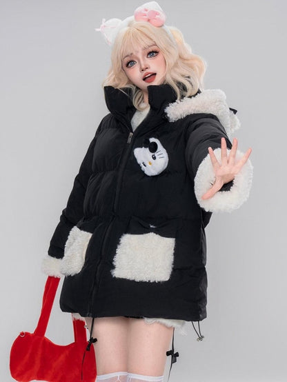 Pink/Black Kitty Adorned Hooded Puffer Jacket Plush Cuffs
