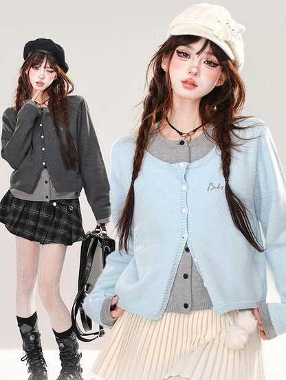 Blue/Dark Grey Fake Two-piece Design Cardigan