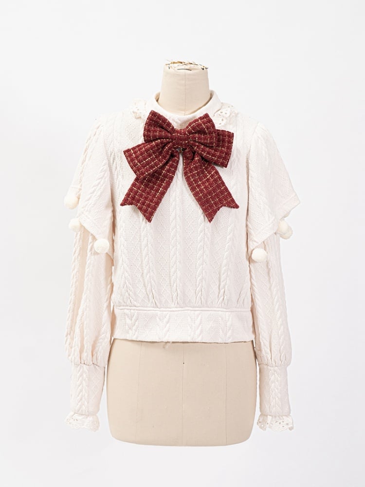 White Long Sleeves Knitted Top Apron Blue Plaid Pattern Bloomer Shorts Sweet Lolita Full Set