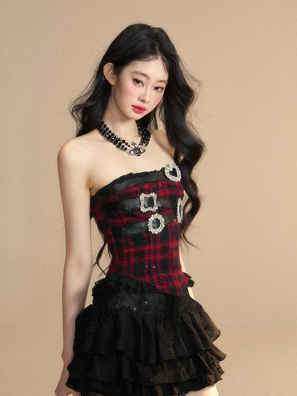 Black Plaid Rhinestone Buckles Lace Trim Glamorous Strapless Top Red