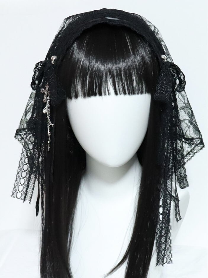 Cross Veil Hairband And Black/White Lace Floral Charm Details Bowknot
