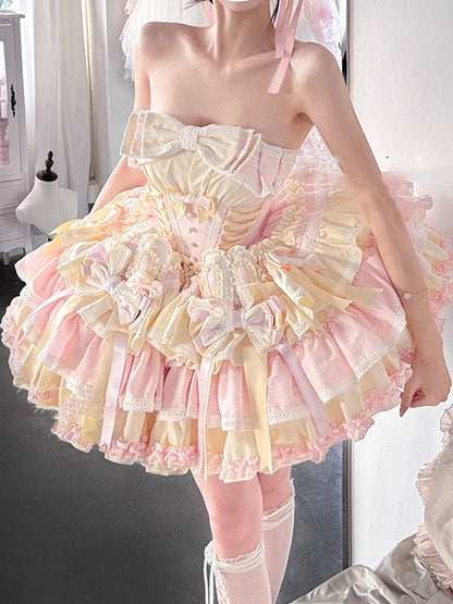 and Boned Ear Bowknot Waist Basque with Pink Skirt Dress Bunny Puffy on Sweet Yellow Design