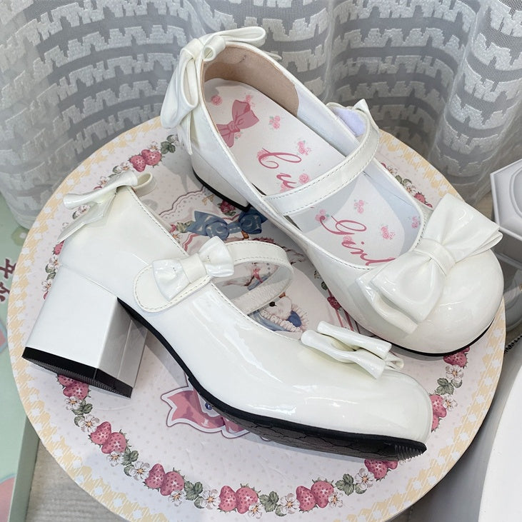 Milk White Bowknot Round Toe 5.5CM Block Heel Lolita Shoes