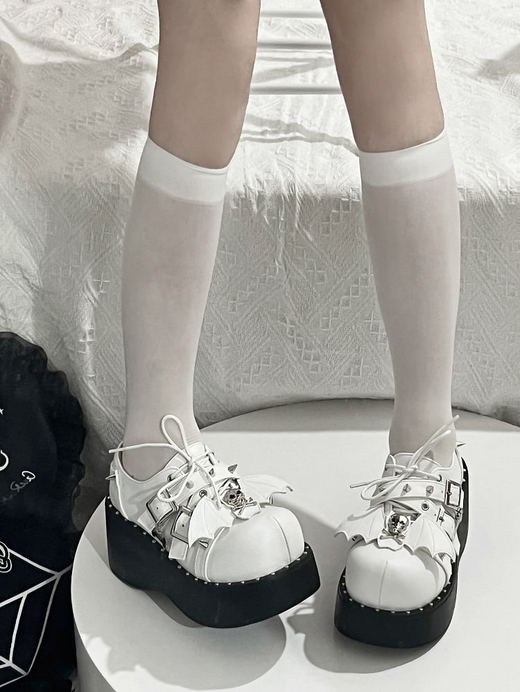 Y2K Matte White Punk Stud Buckle Strap Bat Wings Platform Shoes