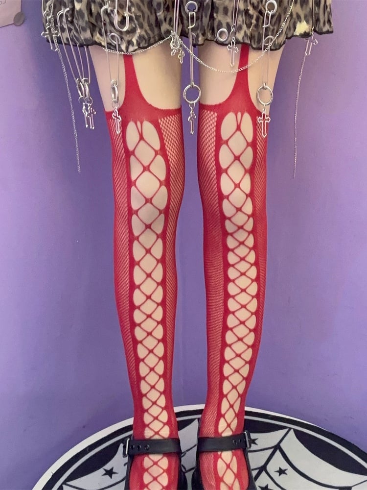 Cut-out Rock Black/Red/White Suspender Punk Design Stockings