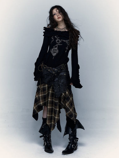 Corset Dress/Skirt: PU Studded Black 2-in-1 Hem Plaid Handkerchief Convertible Strapless