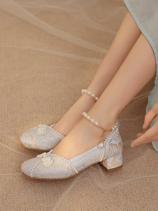 Button - Details Satin Beads Accent Lolita Qi Mid Blue Heels Frog