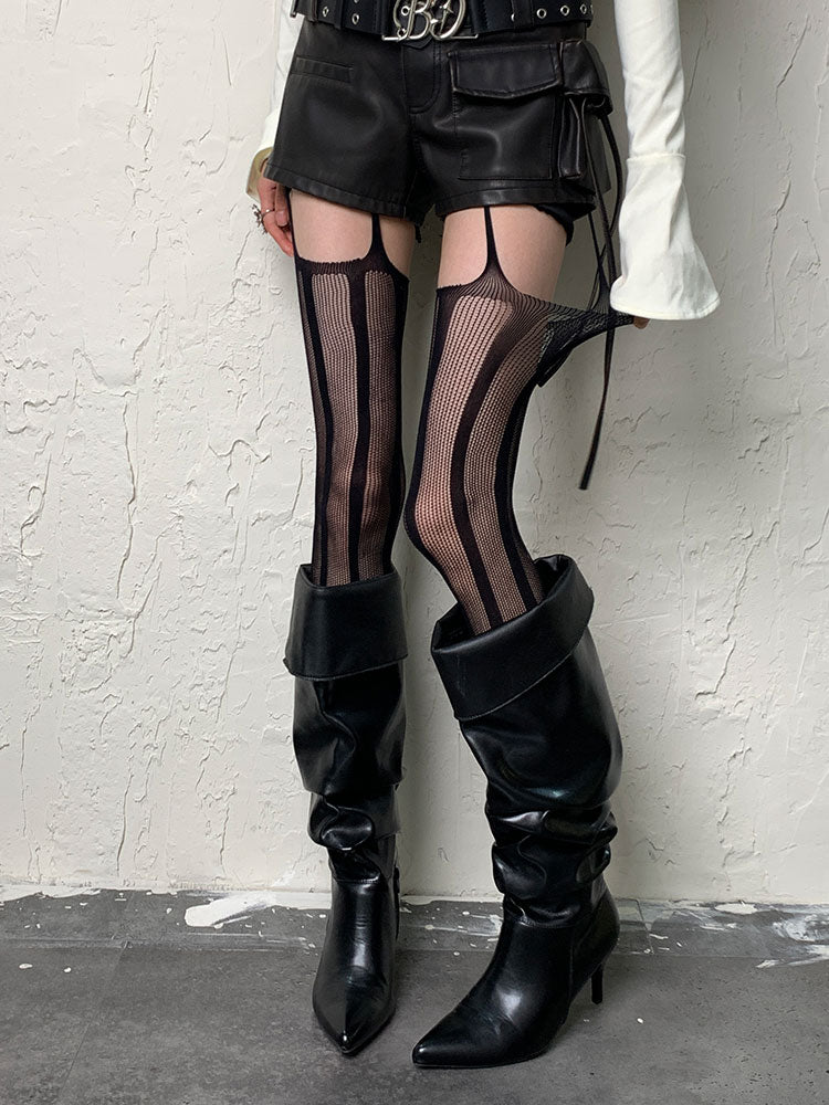 Punk Black Striped Cut-out Suspender Tights