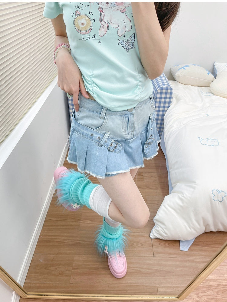 Raw Blue Buckle Straps Pleated Punk Skirt Hem Denim Glamorous