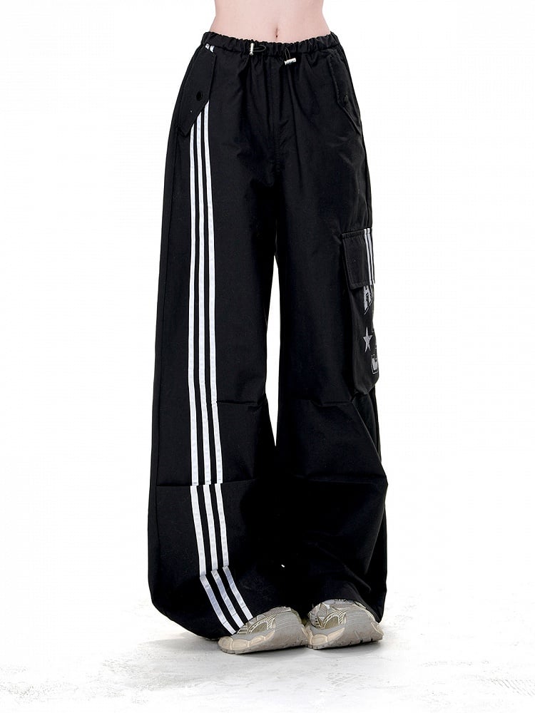 Black Drawstring Waist Cargo Pockets Loose Straight-Leg Pants