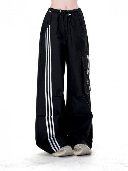 Black Drawstring Waist Cargo Pockets Loose Straight-Leg Pants