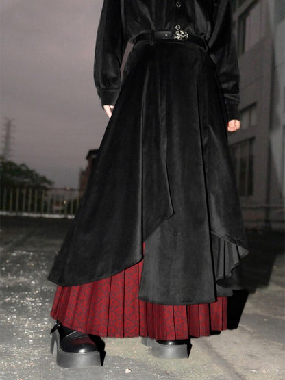 Double-Layer with Thicken/Thin Hem Print Cheongsam Red Pleated Black Snake Skirt Asymmetrical