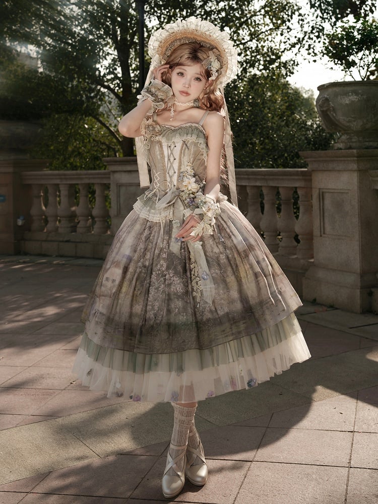 Jupe Lolita en tulle à imprimé floral et peinture à l'huile verte