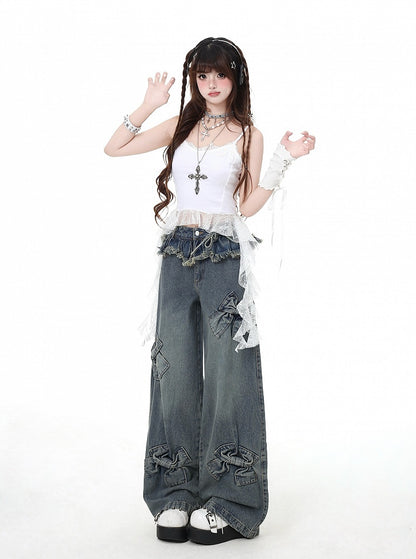 Blue Big Bows Raw Hem Wide-Leg Jeans