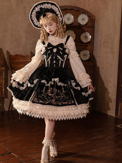 Black Lolita Candle Bows Dress Velvet JSK / Decoration Embroidery