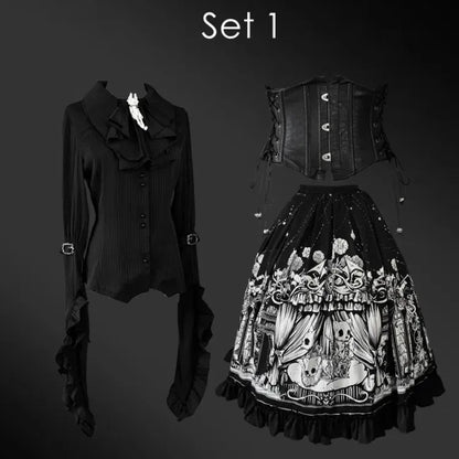 Sleeves Dark Belt Available Black Corset Gothic Plus Set Long - Full Lolita Skirt Sizes Shirt +