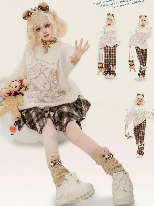 Apricot Cute Bear Pattern Mohair Loose Sweater Cutout Details at Front