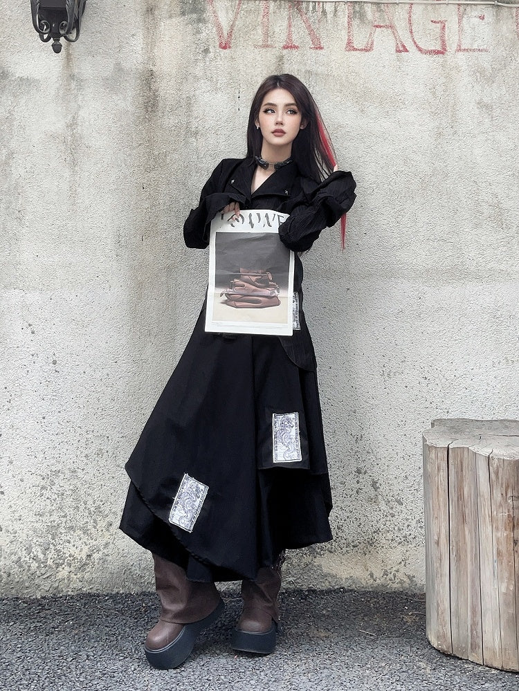 Appliques Black Punk Asymmetrical Layered Wide-Leg Pants