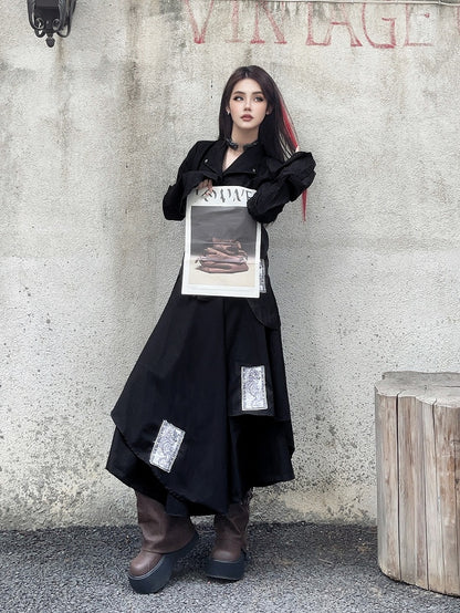 Appliques Black Punk Asymmetrical Layered Wide-Leg Pants