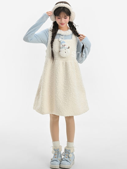 Haut à manches longues et col en peluche bleu avec détails nœud