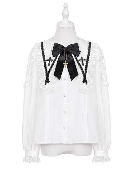 Jirai Kei White Pointed Flat Collar Lace Patch Shoulder Landmine Style Shirt