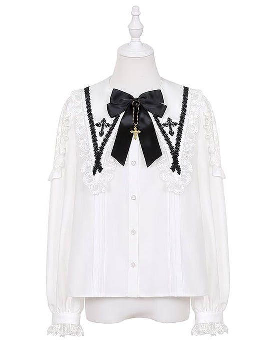 Jirai Kei White Pointed Flat Collar Lace Patch Shoulder Landmine Style Shirt