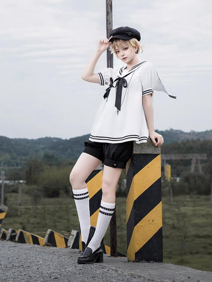Shorts Sleeves Short Black and Sailor White Collar Shirt