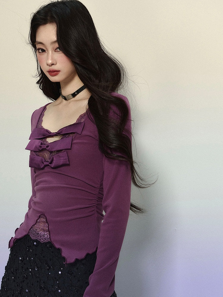 Purple Bow Accents Lace Trim V-neck Long Sleeves Top