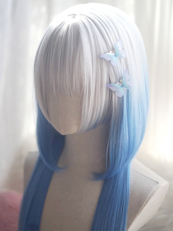 Black/Brown/Light Blonde/White&Blue Waist Length Straight Wig With Full Bangs