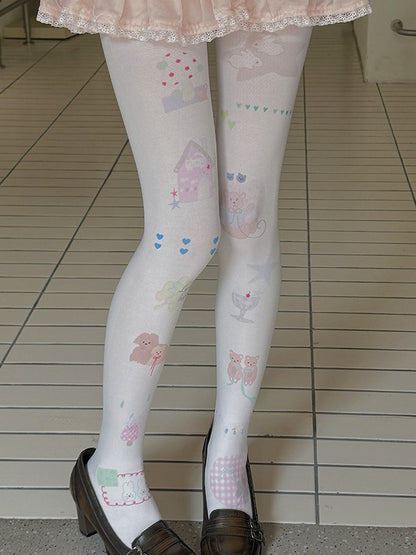 Weiße Strumpfhose mit Herz-Bär-Hasen-Print und Cartoon-Motiv