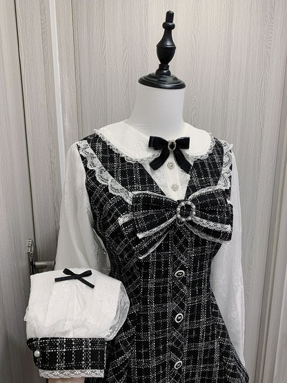 Mini Dress with Shorts Bow Set Detachable Big Jirai Kei Black  White Tweed Peter Pan Collar
