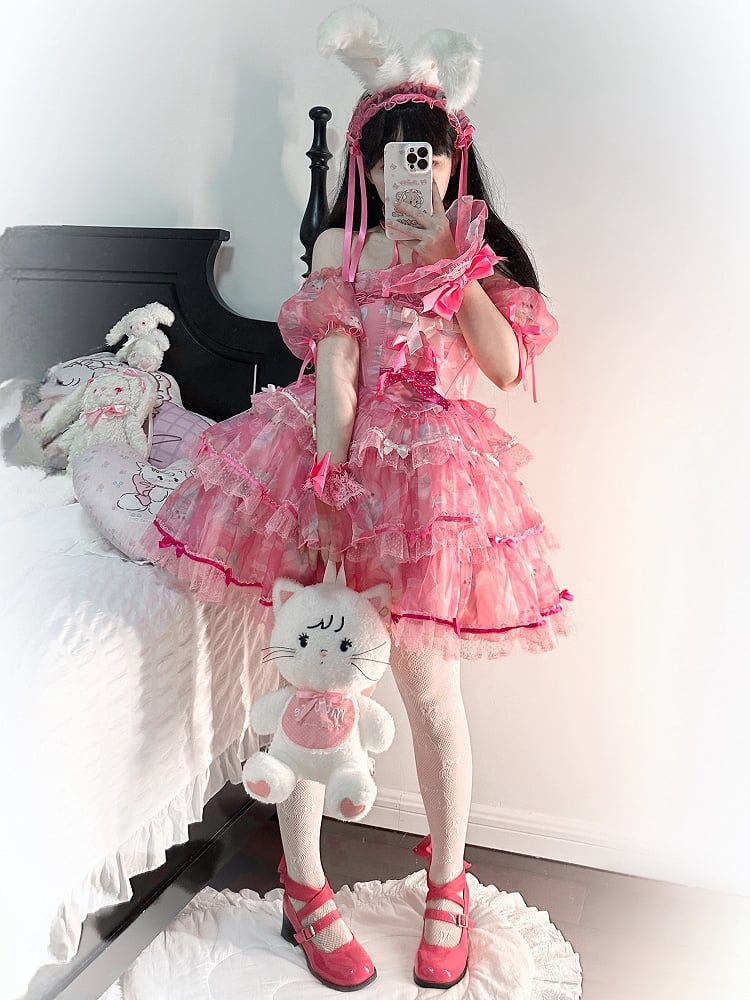 Cute Pink Lolita Accents Bow Bunny Boning Satin Print Dress